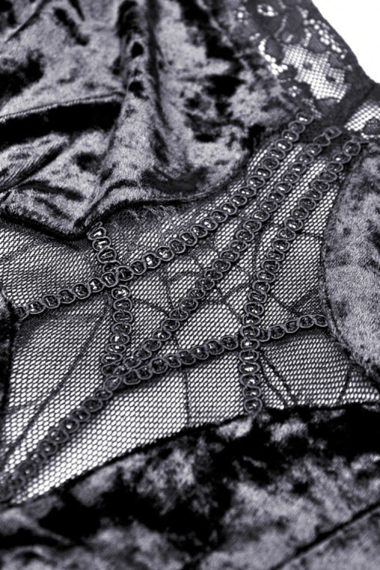 Black Long Puff Sleeves High Low Irregular Multi-Layered Lace Women's Gothic Velvet Dress