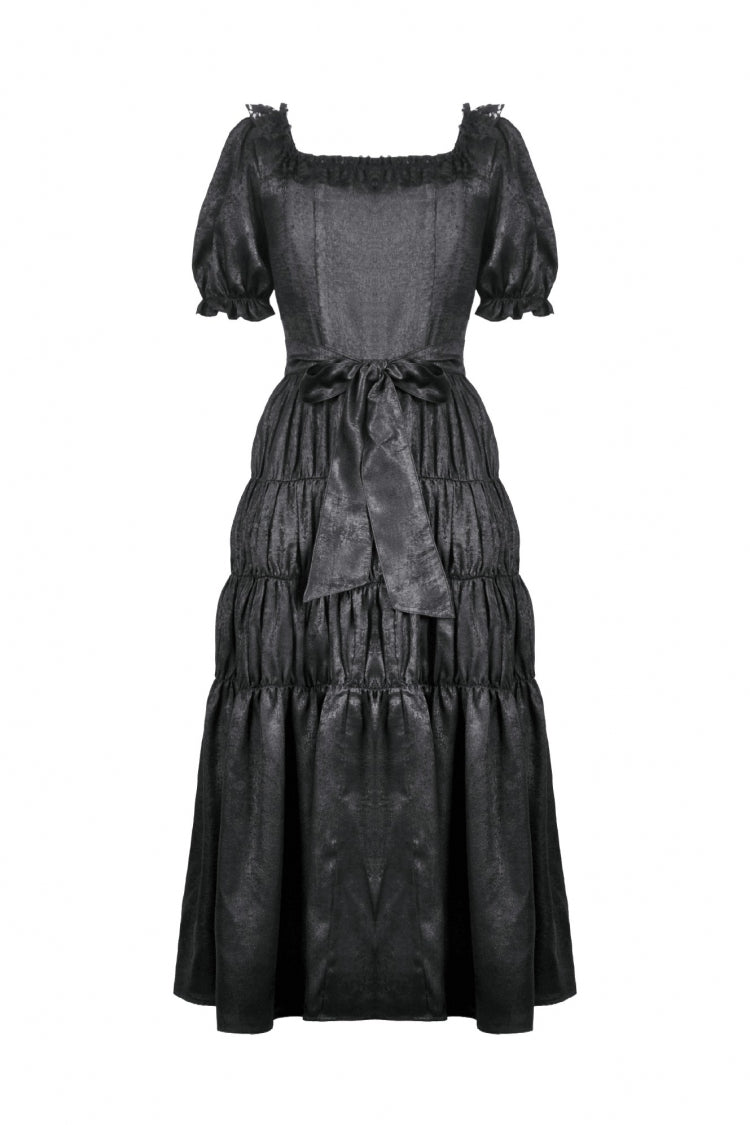 Black Lace Square Collar Short Puff Sleeves Lace-Up Ruched Women's Gothic Wedding Dress