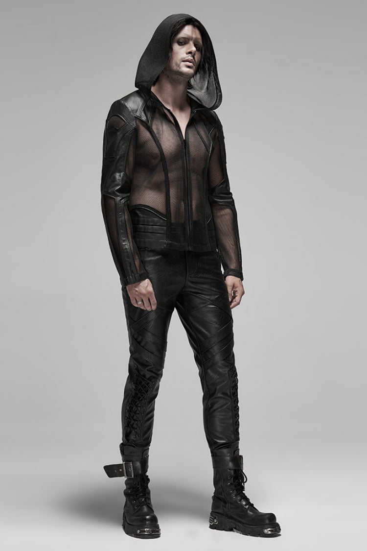 Black Long Sleeves Hooded Mens Translucent Steampunk Coat
