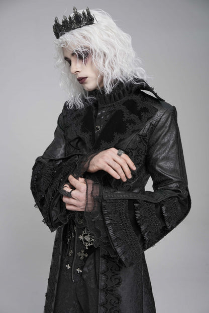 Black Long Trumpet Sleeves Floral Crochet Embroidery Lace-Up Men's Gothic Coat