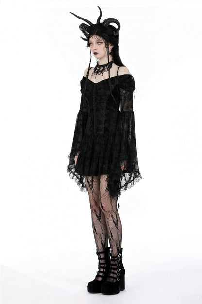Black Off Shoulder Long Trumpet Sleeves Velvet Spliced Mesh Women's Gothic Graduation Dress