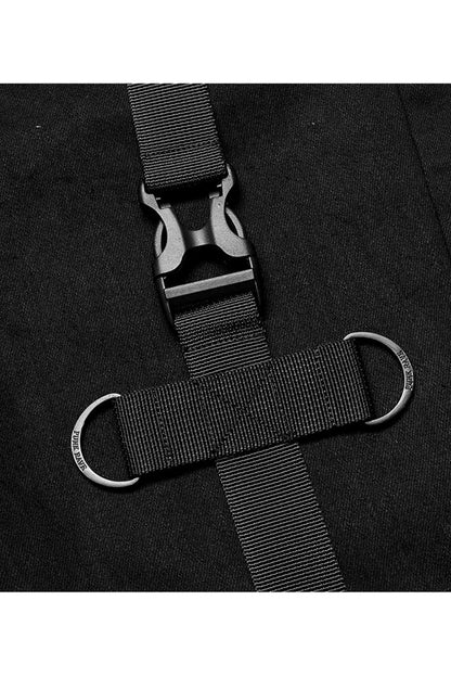 Black Functional Tooling Style Pocket Belt Trim V-Shaped Split Zipper Women's Punk Trousers