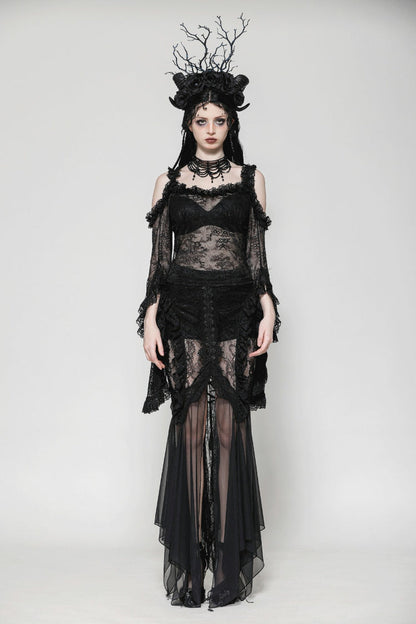 Black Off Shoulder Long Flare Sleeves Lace Women's Gothic Romantic Top