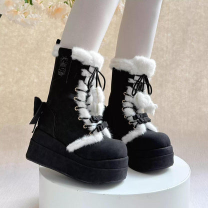Black Cute Platform Thick-Soled Bowknot Lace-Up Sweet Lolita Plush Boots