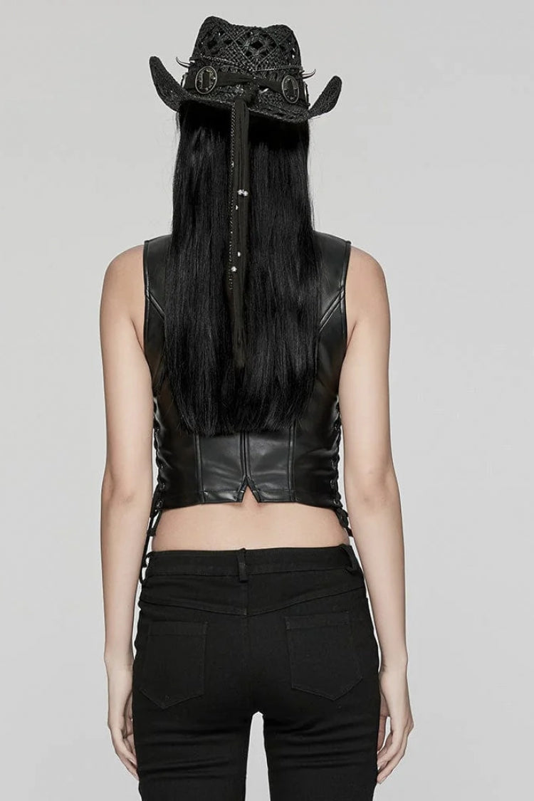 Black Faux Leather V Collar Sleeveless Lace-Up Zipper Women's Punk Vest