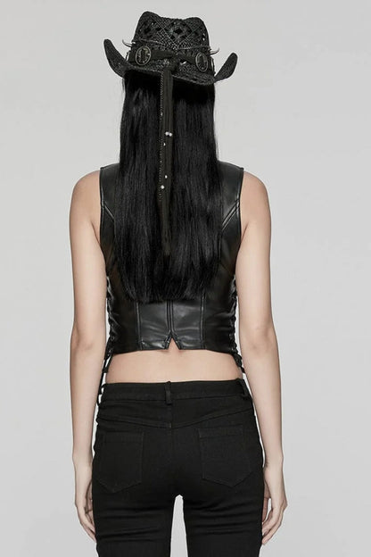 Black Faux Leather V Collar Sleeveless Lace-Up Zipper Women's Punk Vest