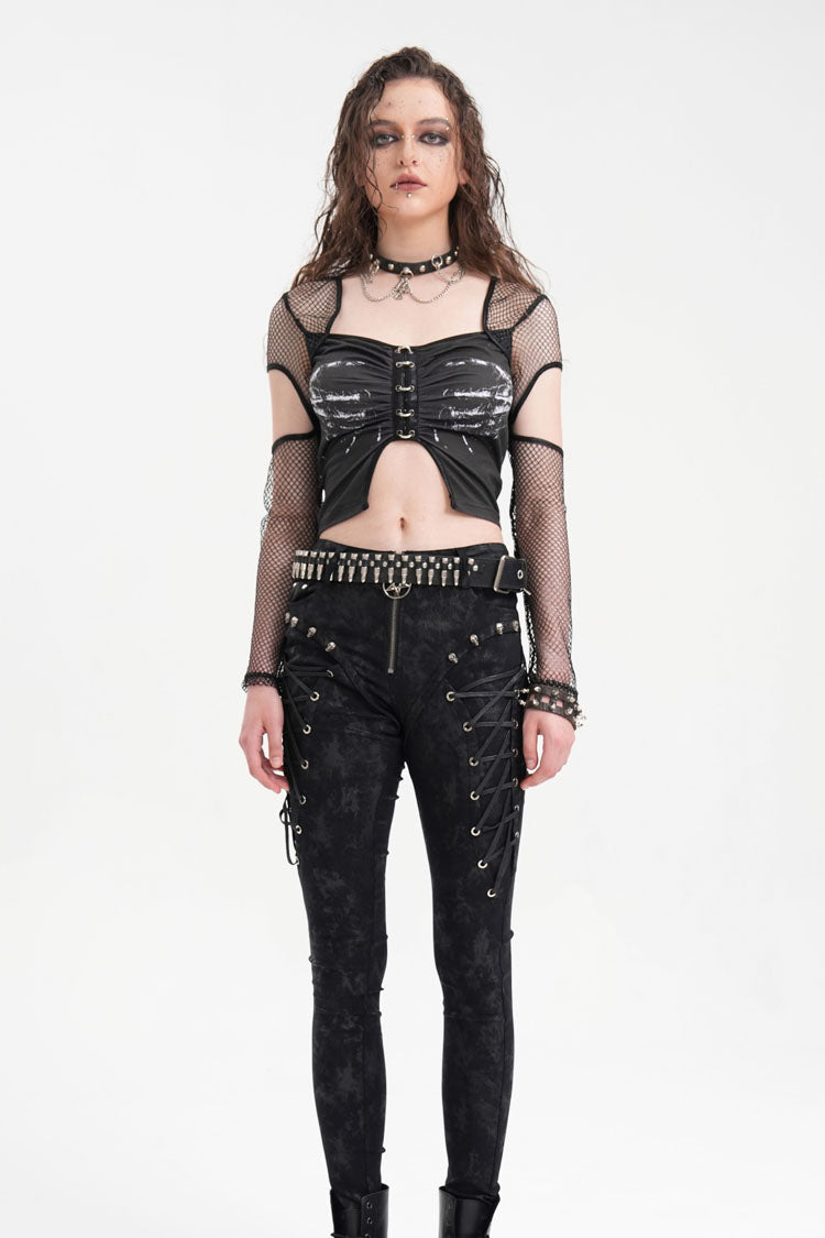 Black Long Sleeves Hollow Mesh Ripped Women's Punk Corset