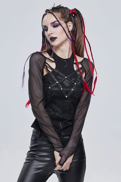Black Pentagram Leather Striped Long Sleeve Women's Gothic T-Shirt