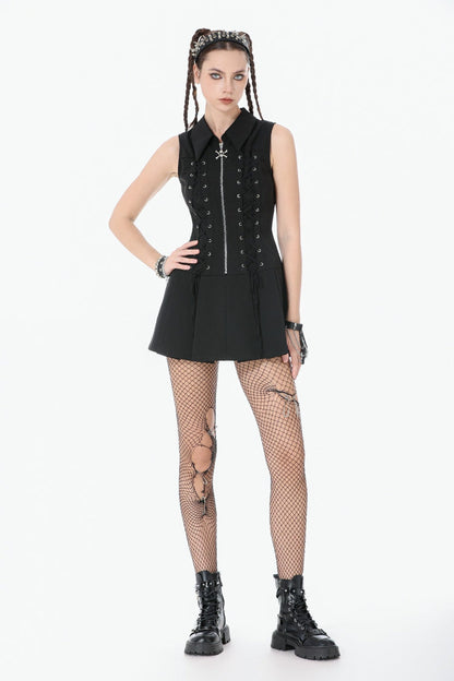 Black Point Collar Sleeveless Skull Zip Women's Punk Dress