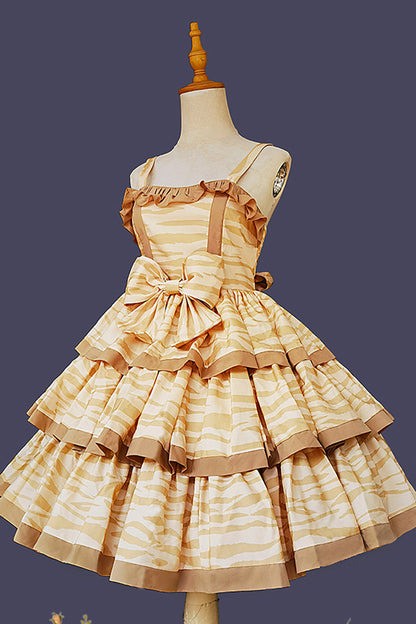 Apricot [Cloth Cat] Triple-Layered Print Ruffle Bowknot Sweet Lolita Dress
