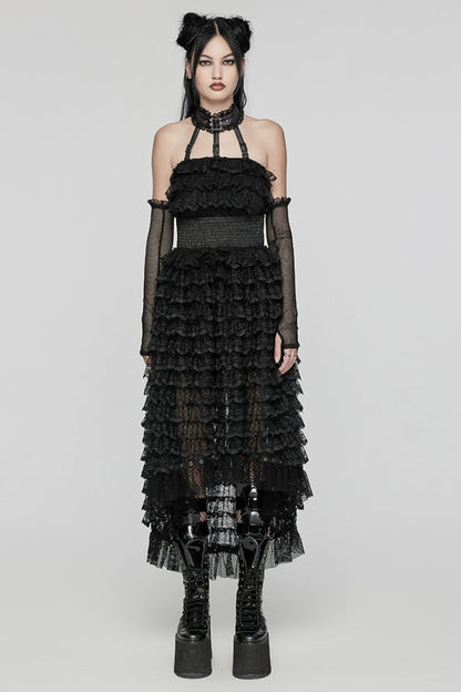 Black Halterneck Long Sleeves Ruffle Lace Women's Punk Dress
