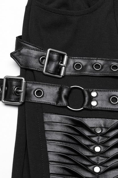 Black Buckle Straps Pleated Women's Punk Leggings