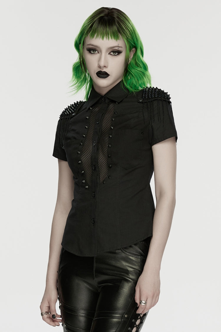 Black Lapel Collar Short Sleeves Mesh Studded Tassels  Women's Punk Blouse