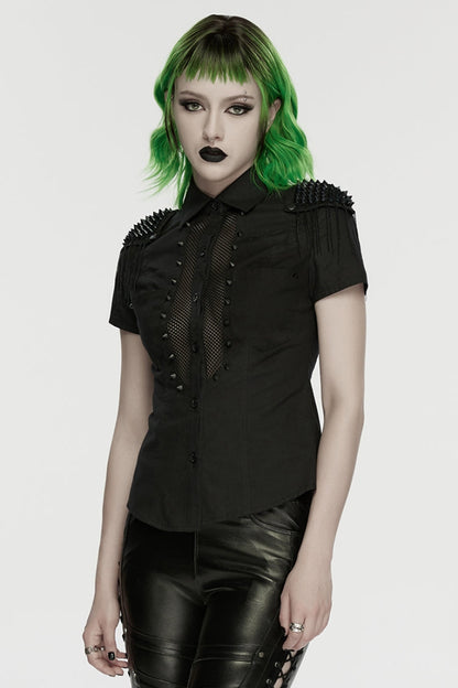 Black Lapel Collar Short Sleeves Mesh Studded Tassels  Women's Punk Blouse