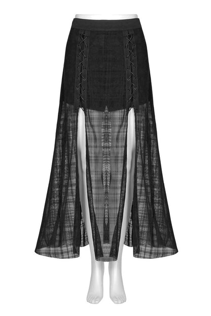 Black Front Metal Eyelets Lace-Up Slit Mesh Hem Women's Punk Skirt