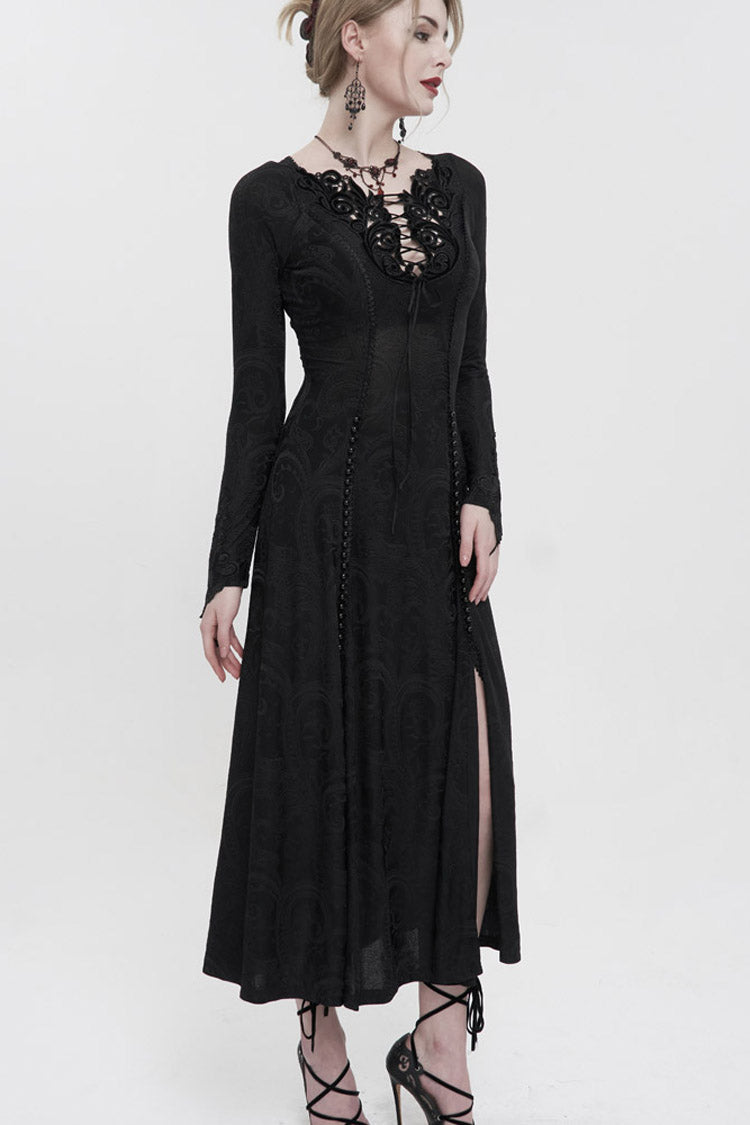 Black Long Sleeve Long Knitting Symmetrical Applique And String at The Chest Women's Gothic Dress