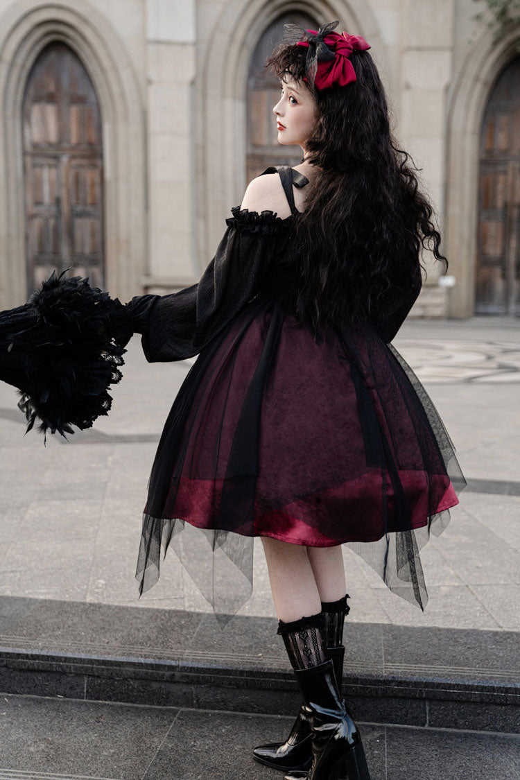 Black Boat Neck Metal Chain Organza Stitching Gothic Lolita OP Dress (Short Version)