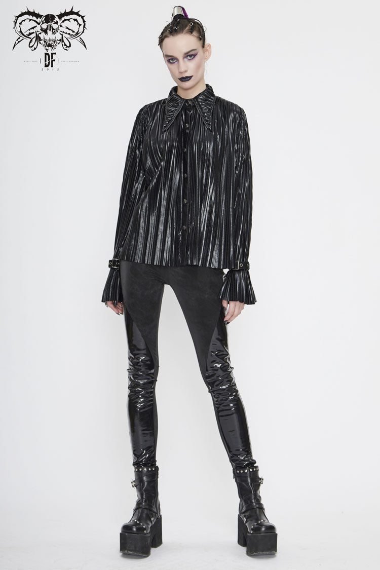 Black Metal Buckles Cuff Bright Pleated Pointed Collar Leather Loops Women's Punk Blouse
