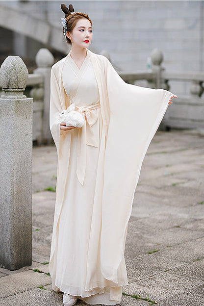 Beige Chang'E Ancient Costume Elegant Wide Sleeves Classic Hanfu Dress