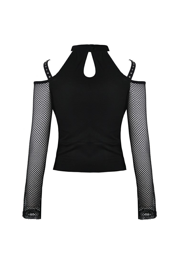 Black Off Shoulder Long Sleeves Lace-Up Mesh Women's Punk Top