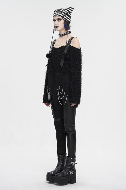 Black Irregular Off Shoulder Fluffy Women's Punk Sweater