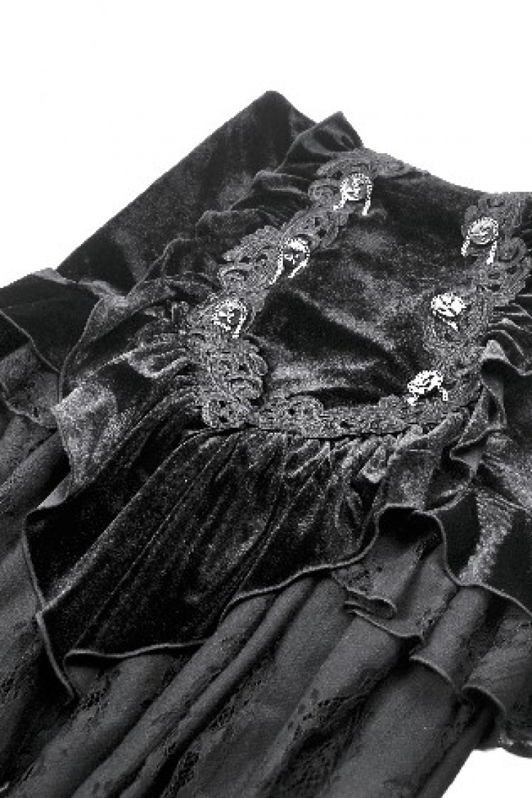 Black Multi-Layered Ruffled Velvet Spliced Lace Lace-Up Women's Gothic Long Skirt