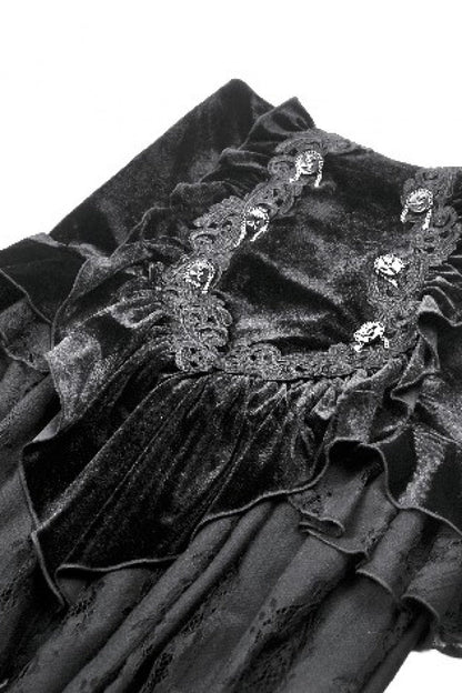 Black Multi-Layered Ruffled Velvet Spliced Lace Lace-Up Women's Gothic Long Skirt