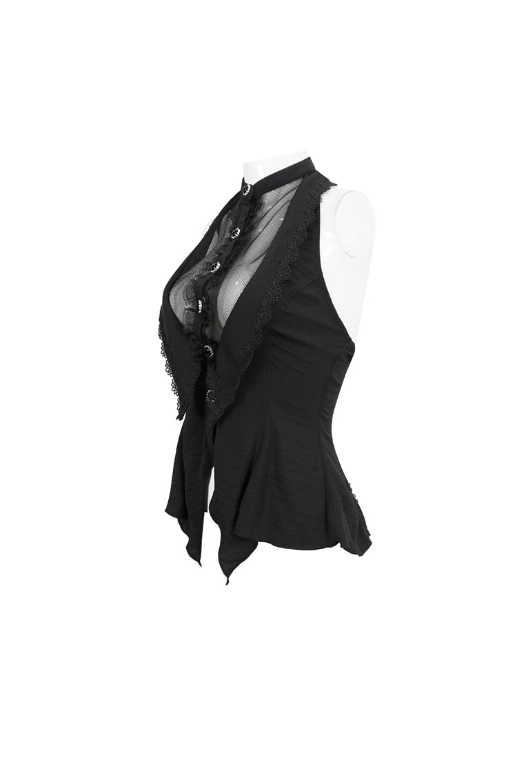 Black Chiffon Sleeveless Front Lace Back Drawstring Straps Women's Punk Shirt