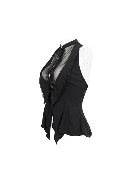 Black Chiffon Sleeveless Front Lace Back Drawstring Straps Women's Punk Shirt