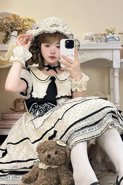 Beige [William Wordsworth’s Lyric Poetry] Doll Collar Polka Dots Printed Lace Sweet Princess Lolita Dress