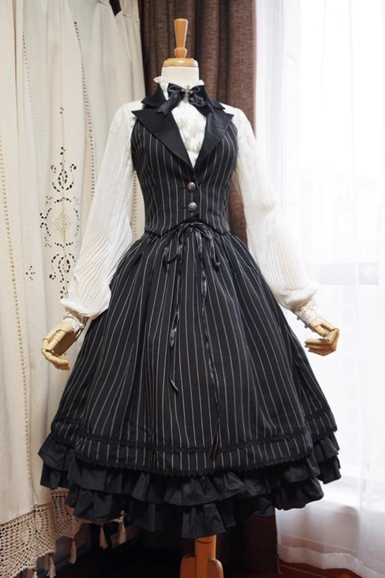Black Multi-Layered Stripe Print Ruffle Lace-Up Classic College Style Elegant Lolita Skirt
