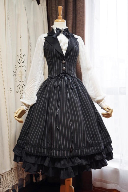 Black Multi-Layered Stripe Print Ruffle Lace-Up Classic College Style Elegant Lolita Skirt