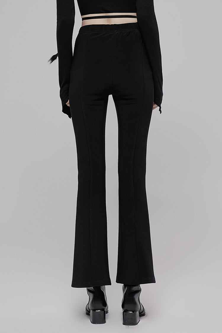 Black Hollow V-Shaped Decorative Bottom Slit Strap Micro Flare Women's Punk Pants