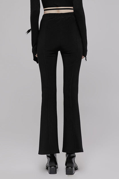 Black Hollow V-Shaped Decorative Bottom Slit Strap Micro Flare Women's Punk Pants