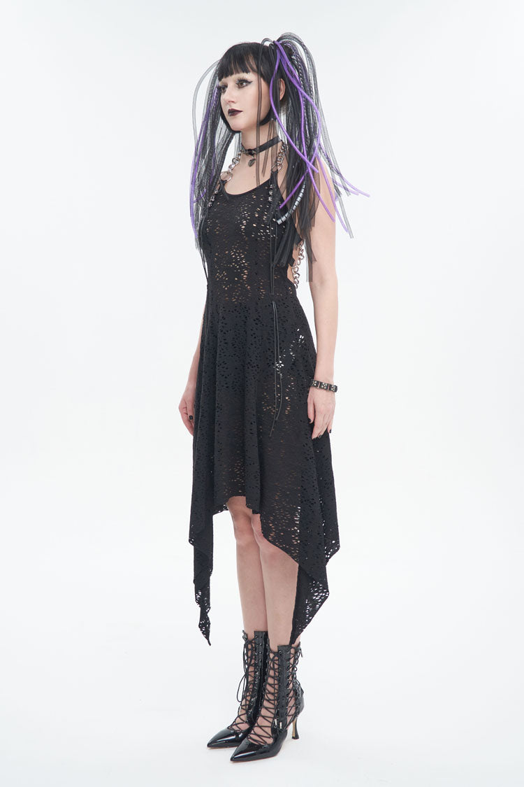 Black Irregular Pattern Wool Metal Chain Halter Neck Backless Women's Punk Dress