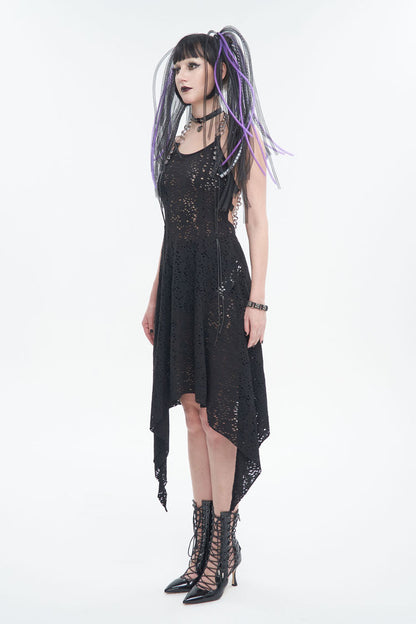 Black Irregular Pattern Wool Metal Chain Halter Neck Backless Women's Punk Dress