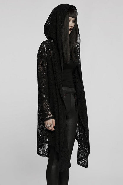 Black Floral Print Hollow Mesh Hooded Womens Gothic Coat