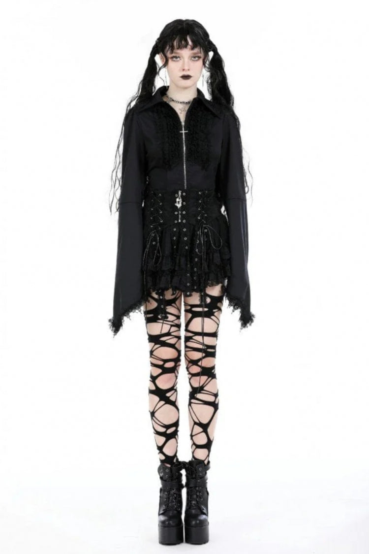 Black Layered Lace Mesh Lace-Up Zippered Women's Punk Mini Skirt