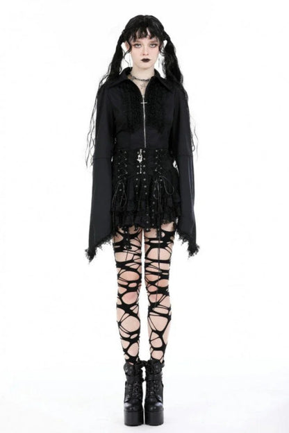 Black Layered Lace Mesh Lace-Up Zippered Women's Punk Mini Skirt