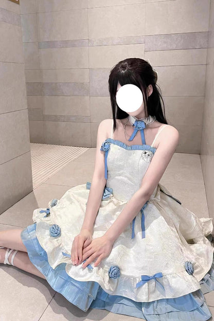 Apricot/Blue Print Ruffle Bowknot Sweet Princess Lolita Jsk Dress