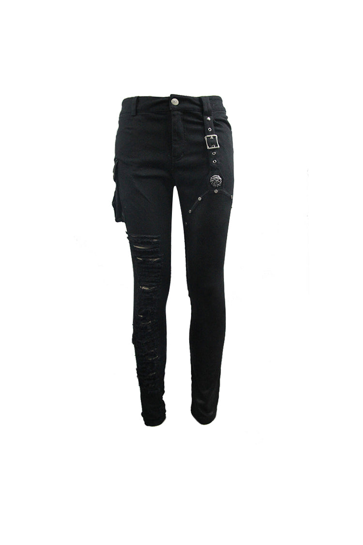 Black Asymmetric Broken Hole Glued Suede Rivet Men's Punk Pants