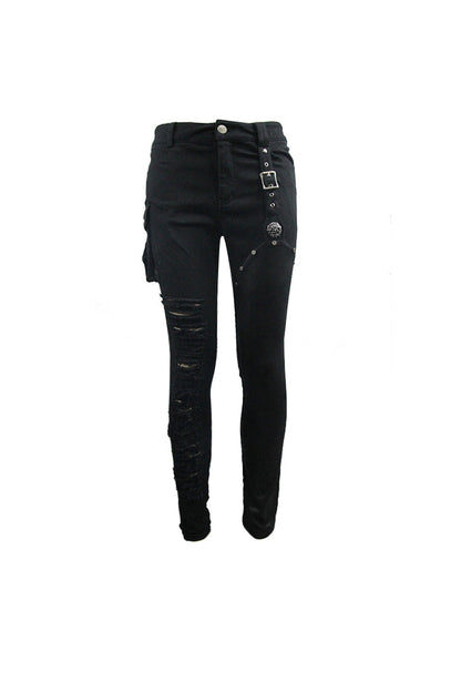 Black Asymmetric Broken Hole Glued Suede Rivet Men's Punk Pants