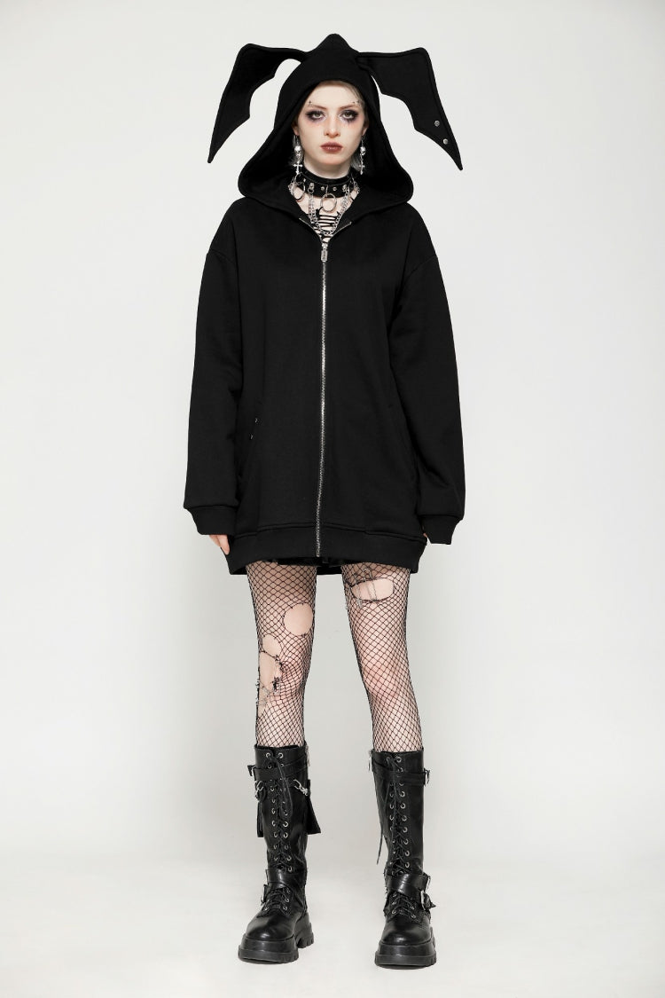 Black Long Sleeves Zippered Women's Gothic Batwing Hoodie