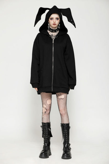 Black Long Sleeves Zippered Women's Gothic Batwing Hoodie
