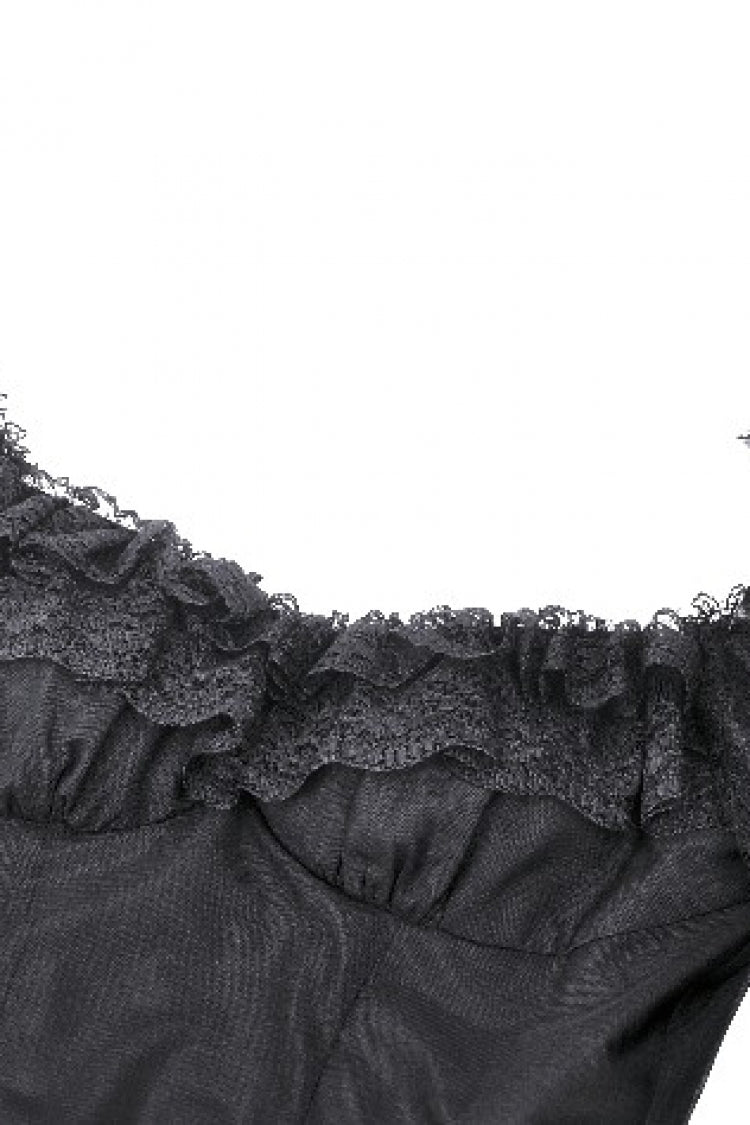 Black Off Shoulder Boat Neck Multi-Layered Long Trumpet Sleeves Lace Spliced Tulle Lace-Up Women's Gothic Fantasy Dress