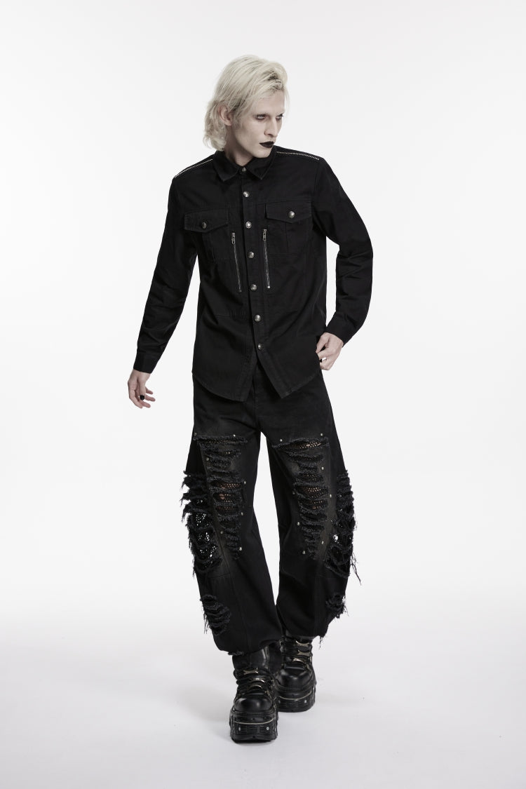 Black Lapel Collar Long Sleeves Zippered Men's Punk Cool Shirt