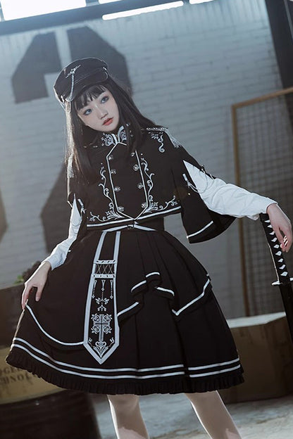 Black Battle of Thorns Print Ruffle Gothic Military Handsome Lolita Skirt