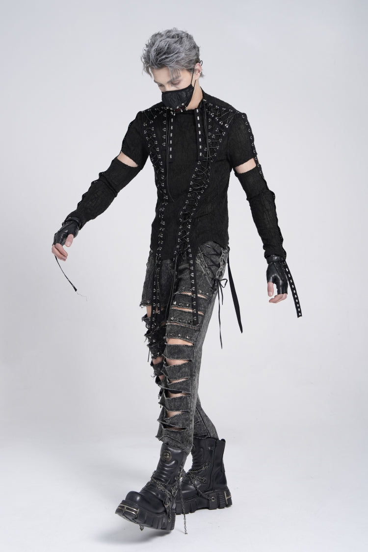 Black Long Sleeves Strap Lace-Up Irregular Mesh Men's Gothic T-Shirt