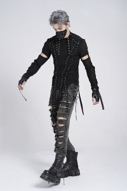 Black Long Sleeves Strap Lace-Up Irregular Mesh Men's Gothic T-Shirt