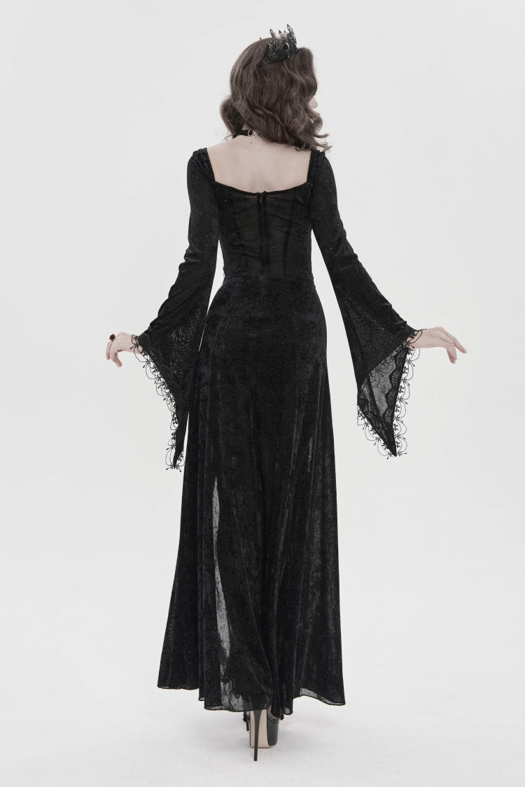 Black Halterneck Long Trumpet Sleeves Hanayome Lace Lace-Up Slim Chain-Decorated Women's Gothic Dress Plunging Split Maxi Dress